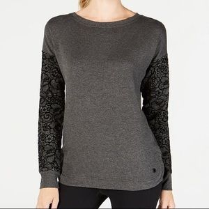 Ideology Flocked-Sleeve Top in charcoal grey.
